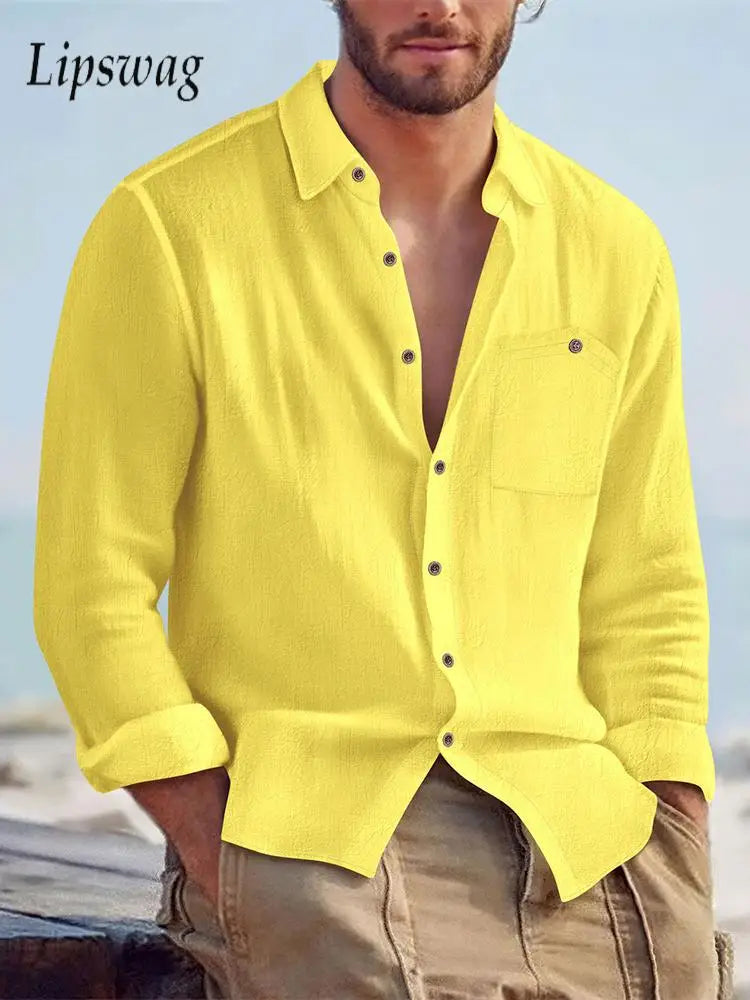 Beach Vacation Casual Mens Shirts Long Sleeve Solid Color Loose Breathable Linen Shirt For Men Spring Autumn Fashion Cardigans