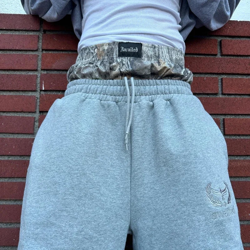 Men's Y2K Retro Sports Pants Double Cuffs Embroidered Camouflage Pattern Unisex Loose Pants Wide Leg Pants Trendy Casual Street
