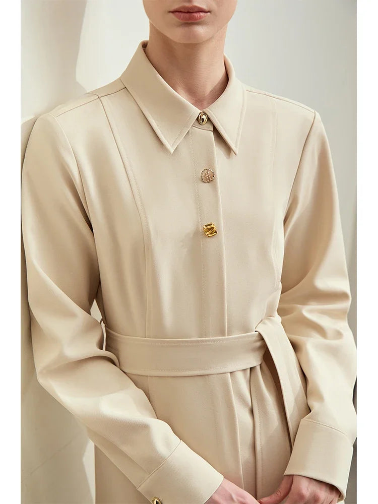 Amii Minimalism Dresses for Woman 2025 Autumn New Lapel with Belt Slim Midi Dresses Fashion Office Lady Woman Clothing 12443045