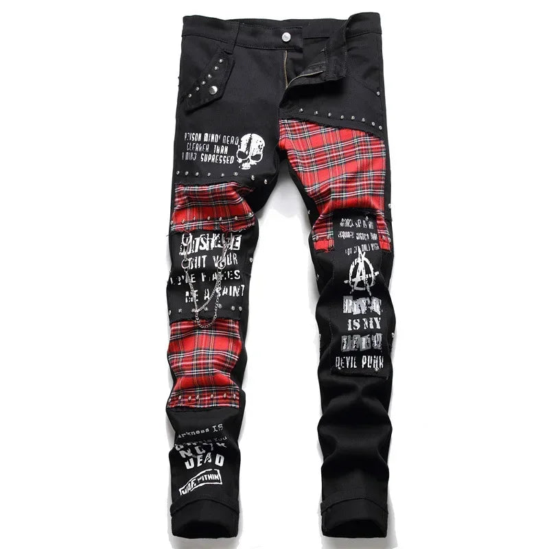 Mens Black Jeans High-quality Street Cotton Fashion Patchwork Jeans Men Stretch Street Hip Hop Slim Fit Holes Punk Denim Pants