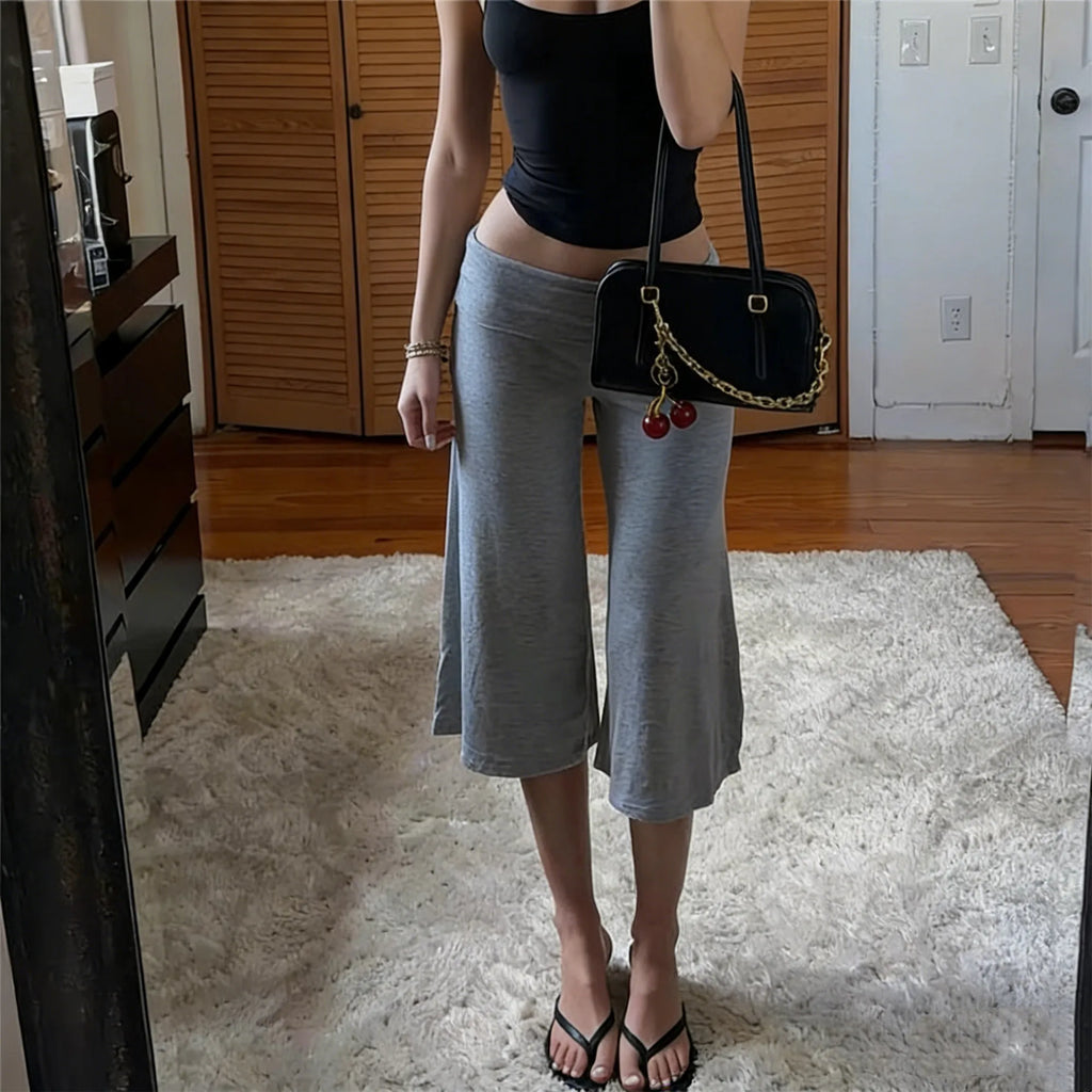 Women Fold Over Waist Gaucho Pants Low Rise Cropped Wide Leg Capri Pants Summer Foldover Culottes Yoga Pants Pajama Bottoms