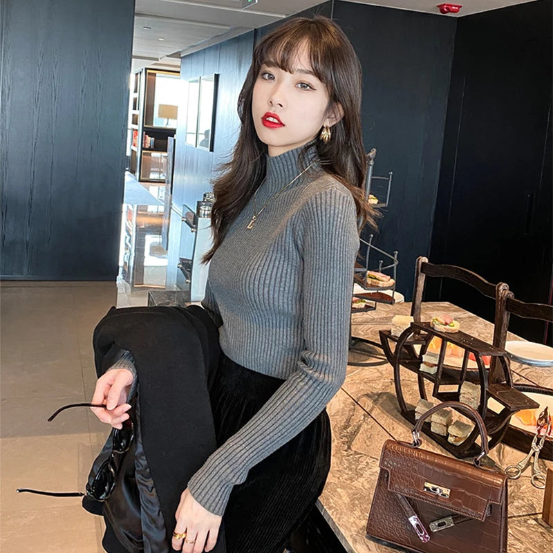 New Women's Elegant Solid Basic Knitted Tops Women Turtlneck Sweater Long Sleeve Casual Slim Pullover Fashion Simple Chic Tops