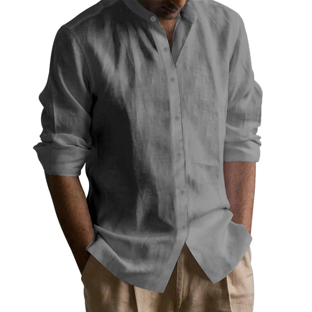 Men's Henley Shirts Cotton Linen Open Stitch Lightweight Breathable Solid Color Slim Fit Men Shirt