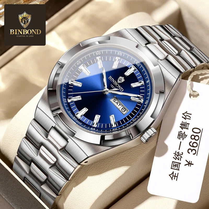 BINBOND Men's Watch Fashion Trend Night Light Calendar Waterproof Business Leisure Steel Strip Men's Watch Watches for man B025