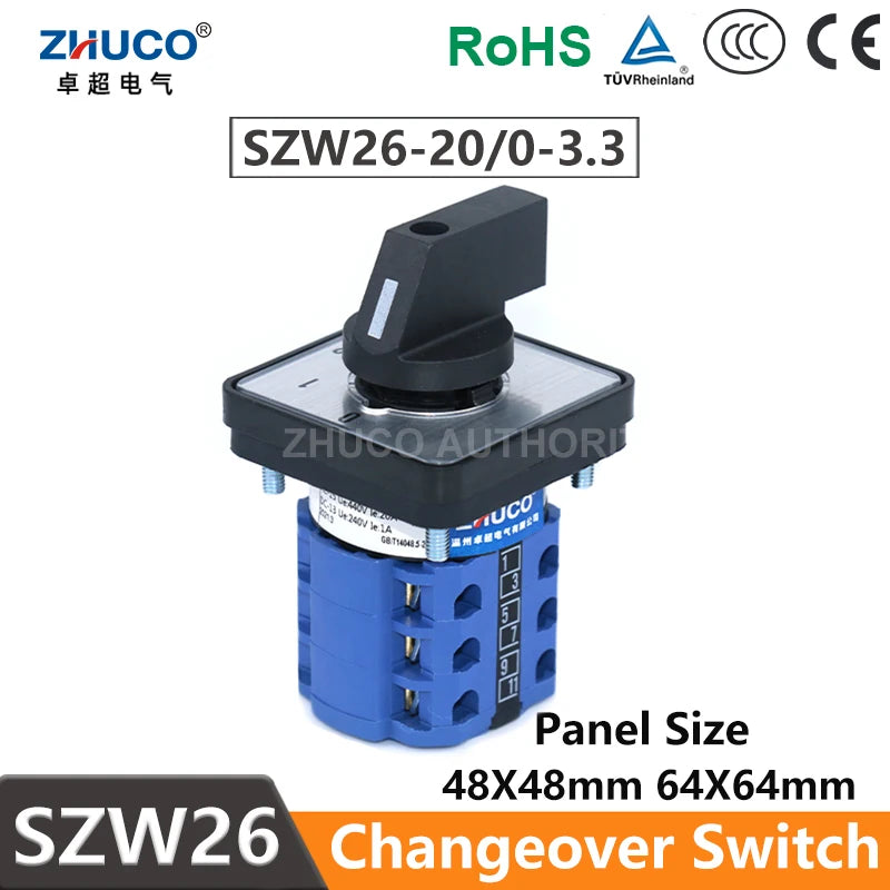 ZHUCO SZW26/LW26-20 Ui 660V 20A 3 Phase 12 Screw Terminals 4 Position Selector Changeover Cam Switch 64X64/48X48 mm Panel Mount