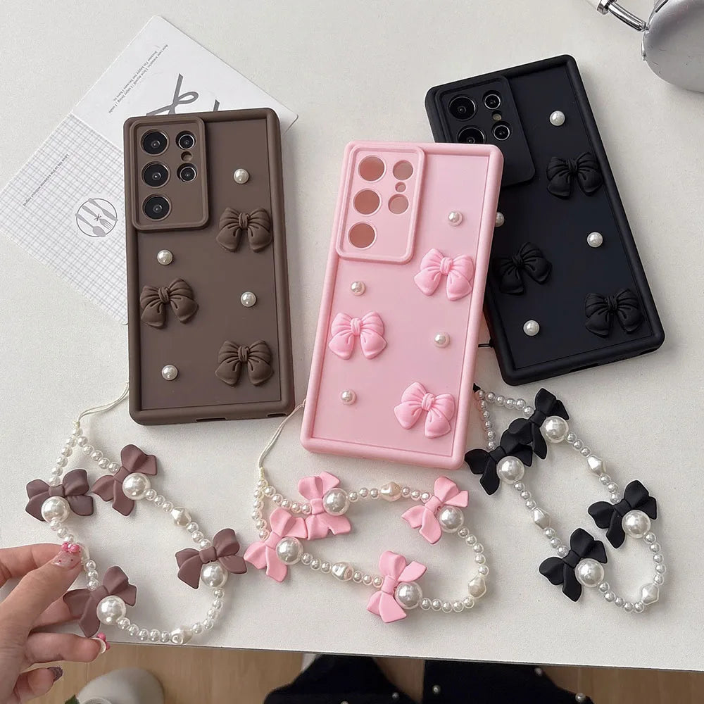 3D Bowknot Pearl Silicone Phone Case For Huawei Nova Y91 Y90 Y61 Y71 Y72 Y70 Y9A Y7A Y6S Y8S Y9S Y6P Y8P P Smart Z 2021 Cover