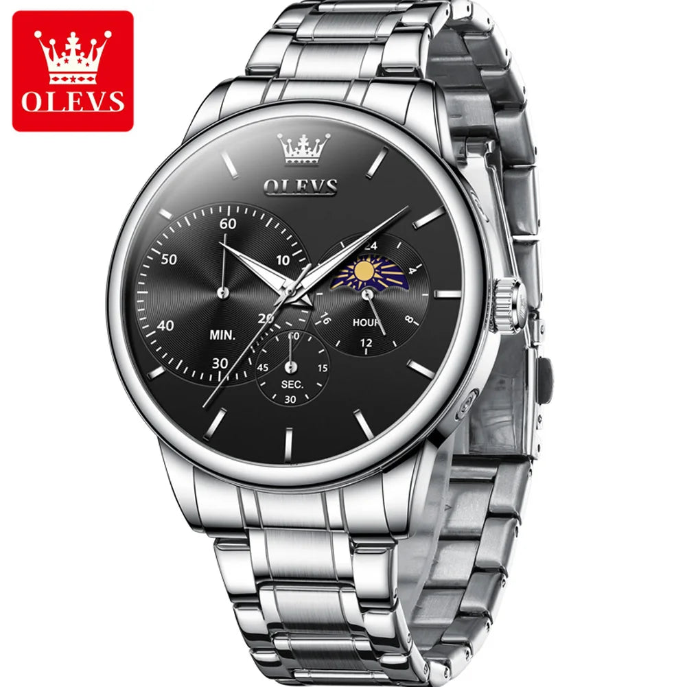 OLEVS Men's Watches Top Brand Business Fashion Fine Steel Original Brand Quartz Wristwatch for Man Moon Phase Chronograph Big