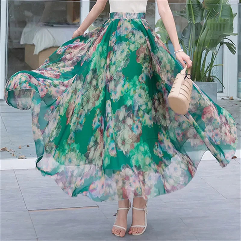 Elegant Skirts for Women Summer New Chiffon Half-body Skirt Crushed Flower Vacation Style Women's Beach Skirt Pleated Skirt