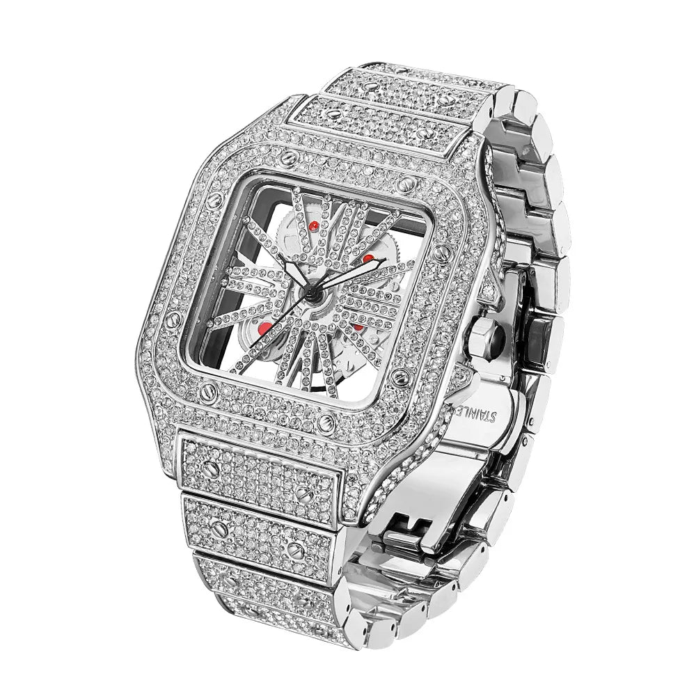 TOP brand watches Fashion Square Men's Watches Luxury Hollow Hip Hop Full Diamond Metal Waterproof Male Quartz Clock Watch Gift