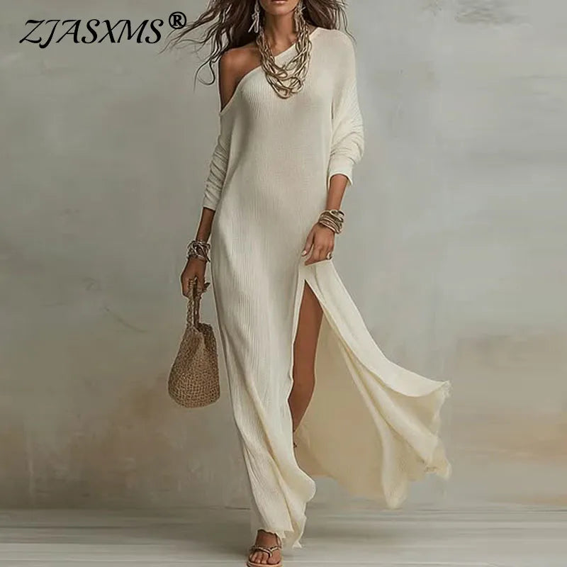 Spring One Shoulder Long Sleeve Holiday Dress Woman Sexy Skew Collar Split Bohemian Dress Elegant Solid Slim Casual Maxi Dresses