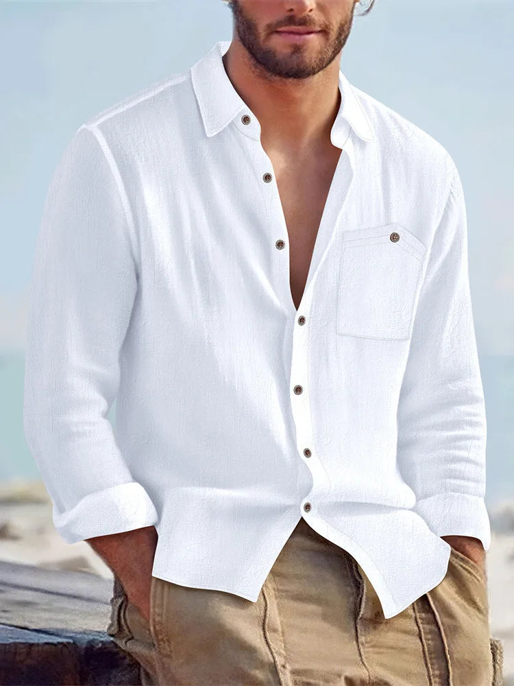 Beach Vacation Casual Mens Shirts Long Sleeve Solid Color Loose Breathable Linen Shirt For Men Spring Autumn Fashion Cardigans