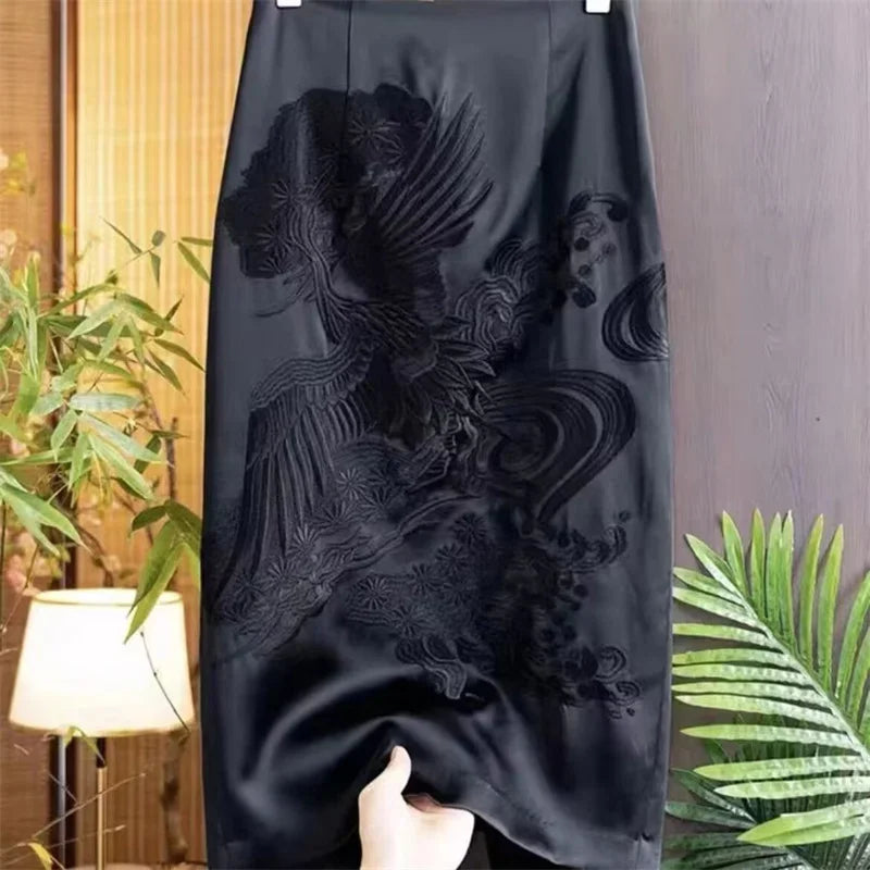 Skirts for Women Spring and Autumn Chinese Style Three-dimensional Embroidery Double-layer Split Waist Cover Belly Skirt 2025