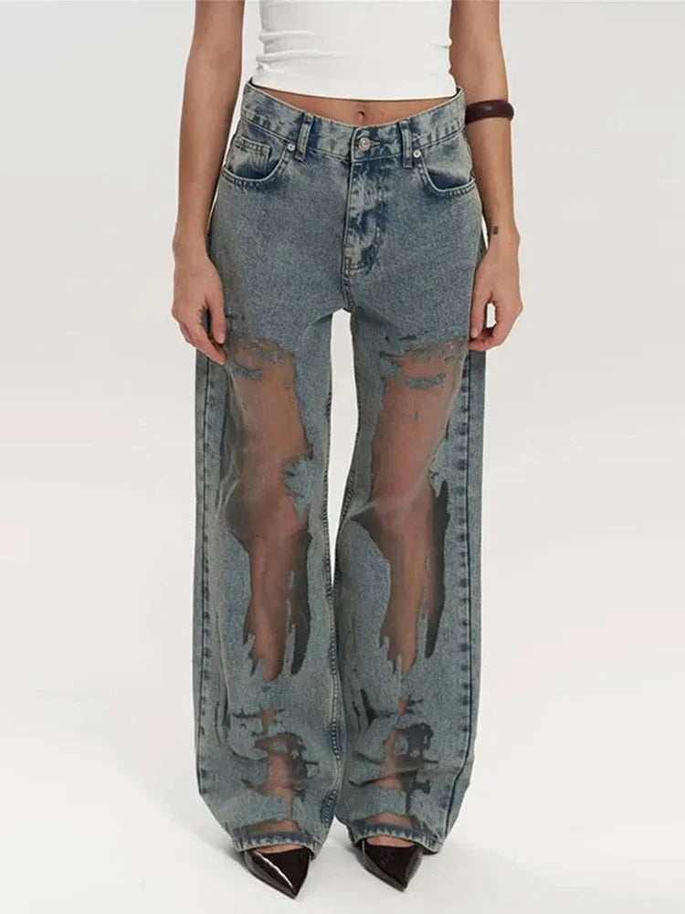 American Retro Straight Jeans Women Hollowed Out Gradient Jeans, Loose Wide Leg Pants, Ins