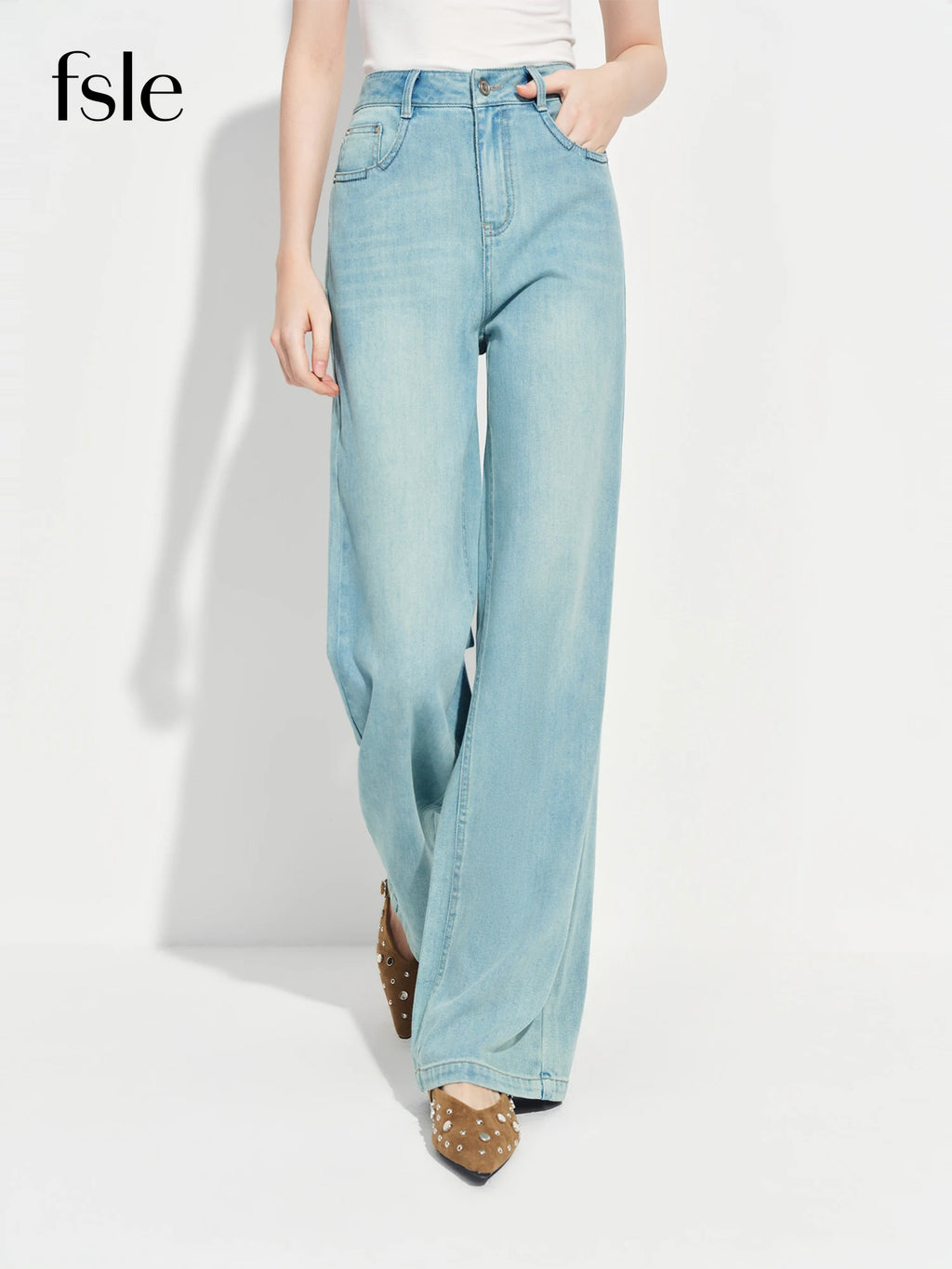 FSLE Commute Versatile Fashionable Slimming Straight Narrow Wide-Leg Jeans for Women Spring 2026 New Arrival High-waisted Pants