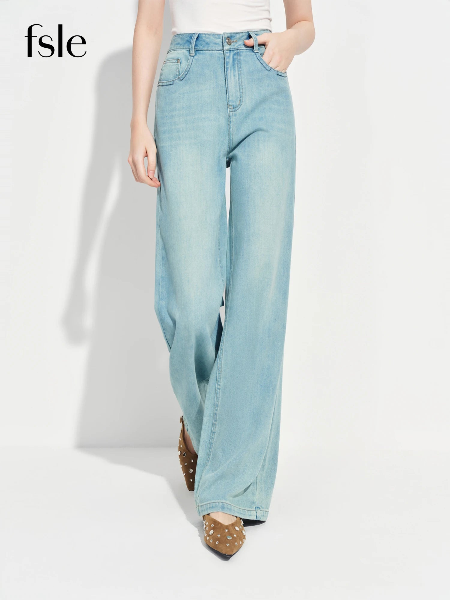 FSLE Commute Versatile Fashionable Slimming Straight Narrow Wide-Leg Jeans for Women Spring 2026 New Arrival High-waisted Pants