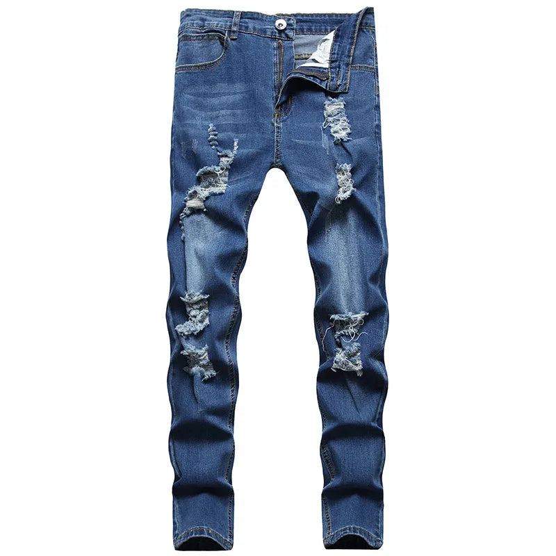 Men Fashion Street Style Ripped Skinny Jeans Men Vintage Wash Solid Denim Trouser Mens Casual Slim Fit Pencil Denim Pants 4XL