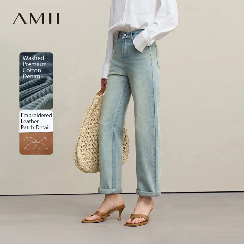 Amii Women's Jeans 2026 Summer New Mid Low Rise Cotton Stretch Denim Tapered Pants Embroidered Casual Woman Trousers 12641114