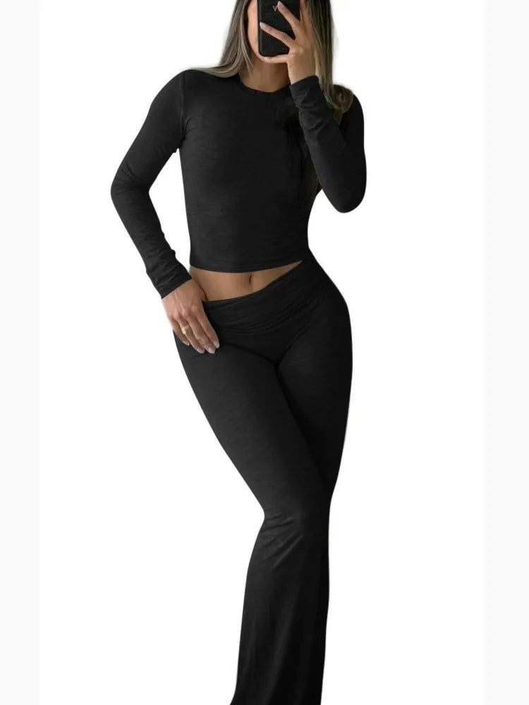 Lady Casual Solid Slim Set Fashion O Neck Long Sleeve Tops+High Waist Pants Two Piece Sets For Women Sports Womens Clothing New
