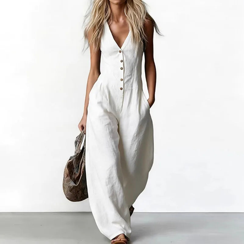 Fashion 2026 Spring Pocket Wide Leg Jumpsuit Sexy V Neck Button Women's Casual Rompers Summer Sleeveless Vacation Beach Overalls