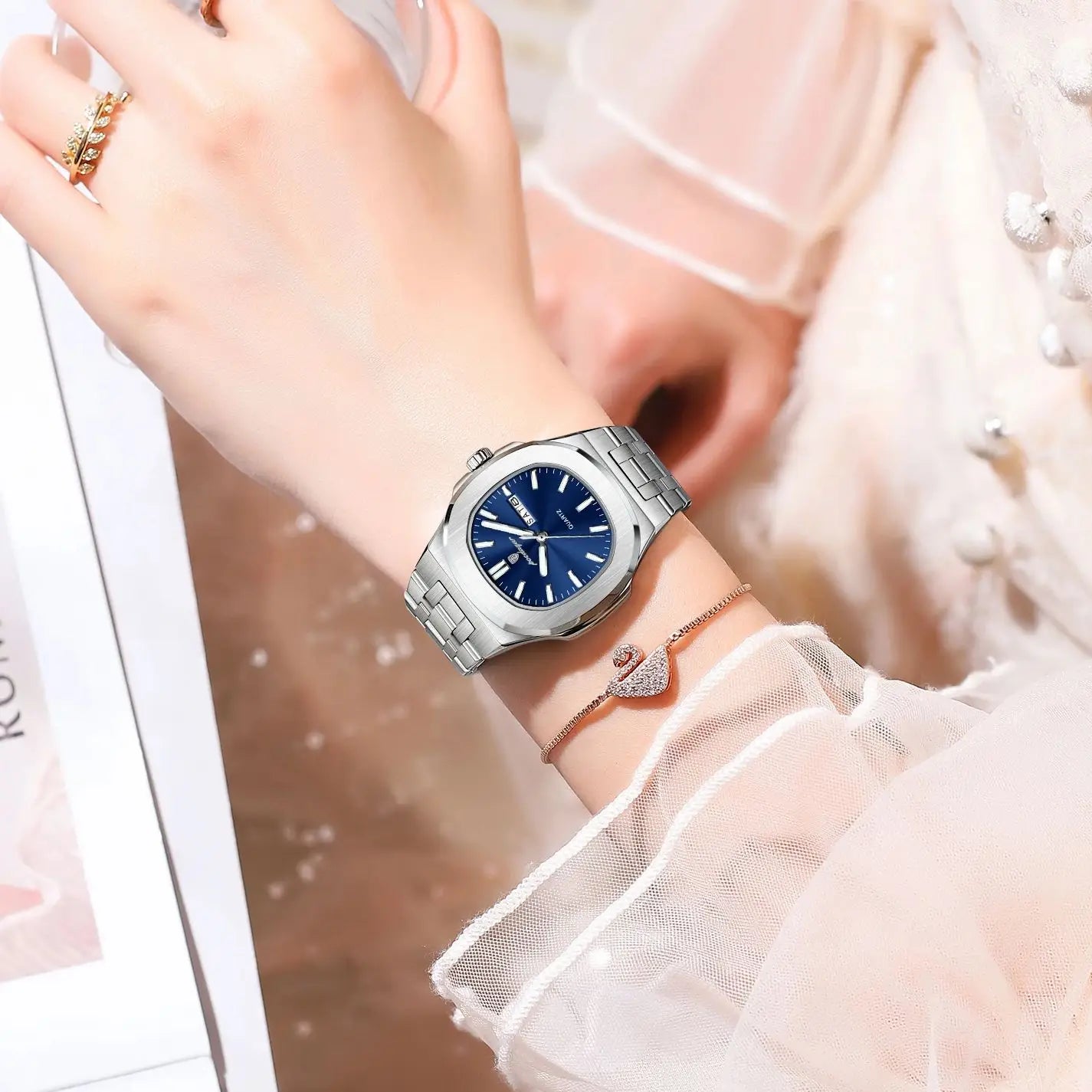 POEDAGAR Exquisite Square Woman Watch Date Week Original Waterproof Luminous Ladies Watch Stainless Steel Quartz Women's Watches