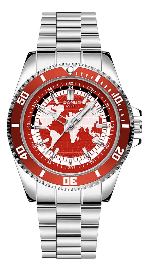 New Stylish Trendy Men Sports Quartz Watch With Stainless Steel Strap Map Luminous Hands