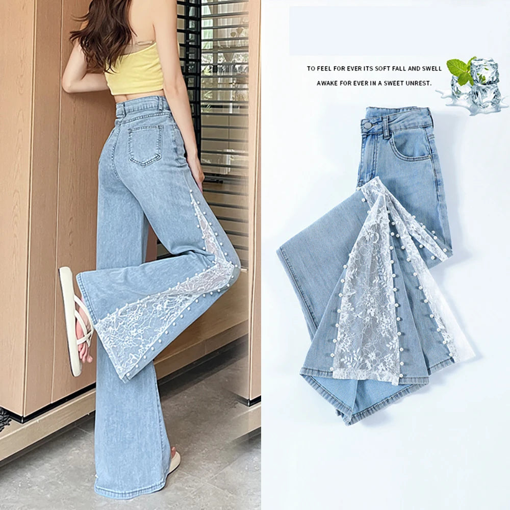 Lace Patchwork Wide Leg Jeans for Women Fashion High Waist Beadings Design Denim Pants 2025 New Straight Loose Ice Silk Trousers