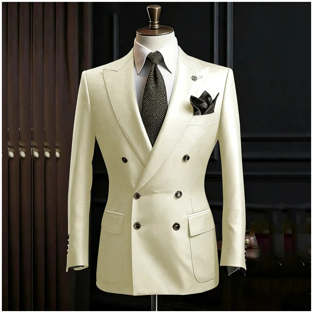 Formal Men's Suits Slim Fit Double Breasted Peaked Lapel Wedding Groom Prom Custom Male Clothing 2 Piece Jacket Pants Sets