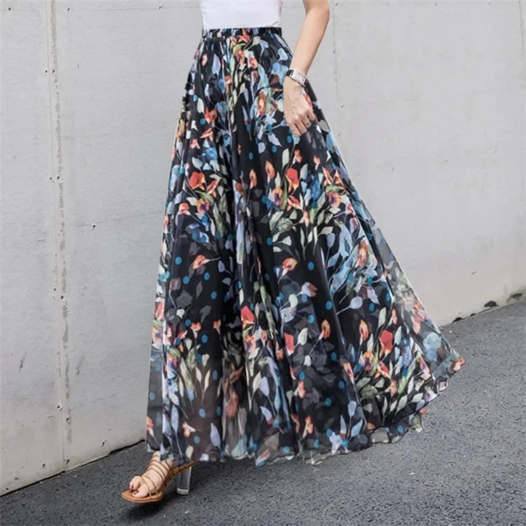 Elegant Skirts for Women Summer New Chiffon Half-body Skirt Crushed Flower Vacation Style Women's Beach Skirt Pleated Skirt