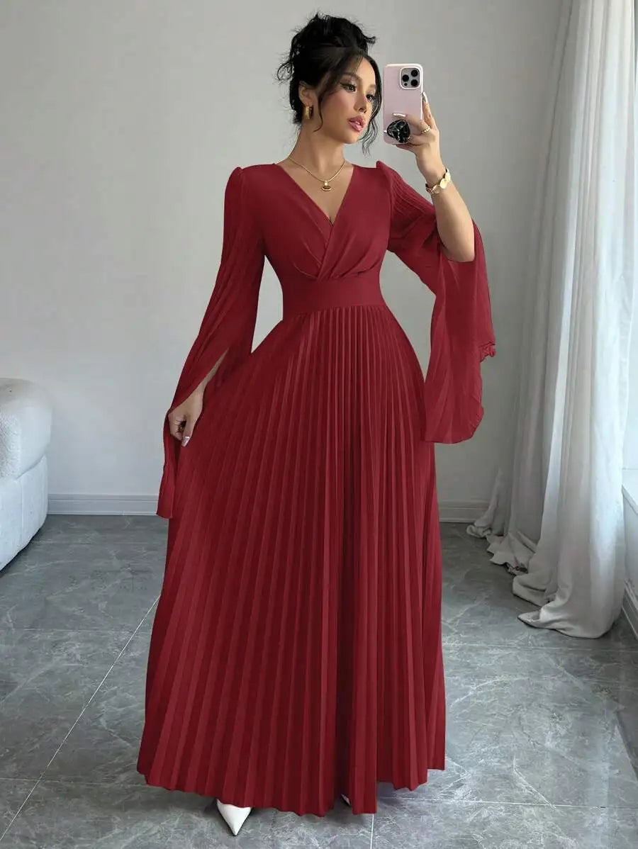 Lavender V-Neck Pleated Maxi Dress with Bell Sleeves Elegant Formal Gown