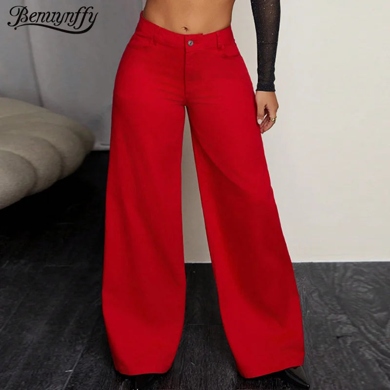 Benuynffy Y2K Retro Baggy Pants Women's High-waisted Casual Wide Leg Jeans Streetwear Loose Denim Straight Trousers 2025 Autumn