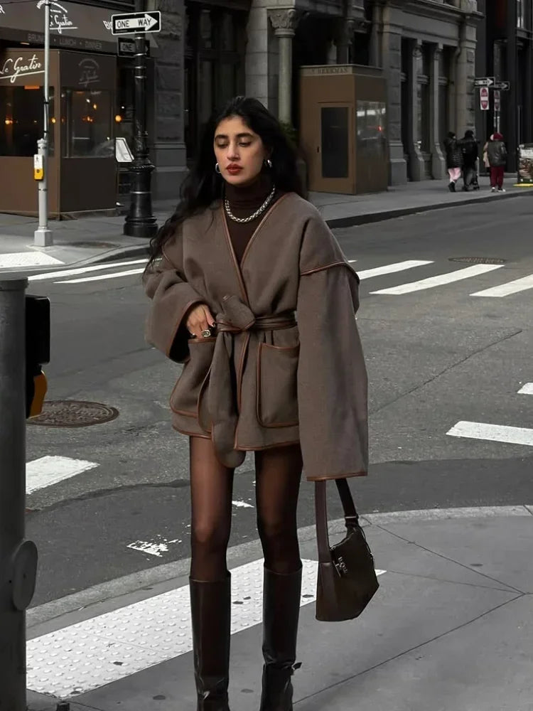 Women's Solid Lace Up Coats Fashion V-neck Loose Woolen Full Sleeves Short Jackets 2025 New Autumn Daily Highstreet Overcoats