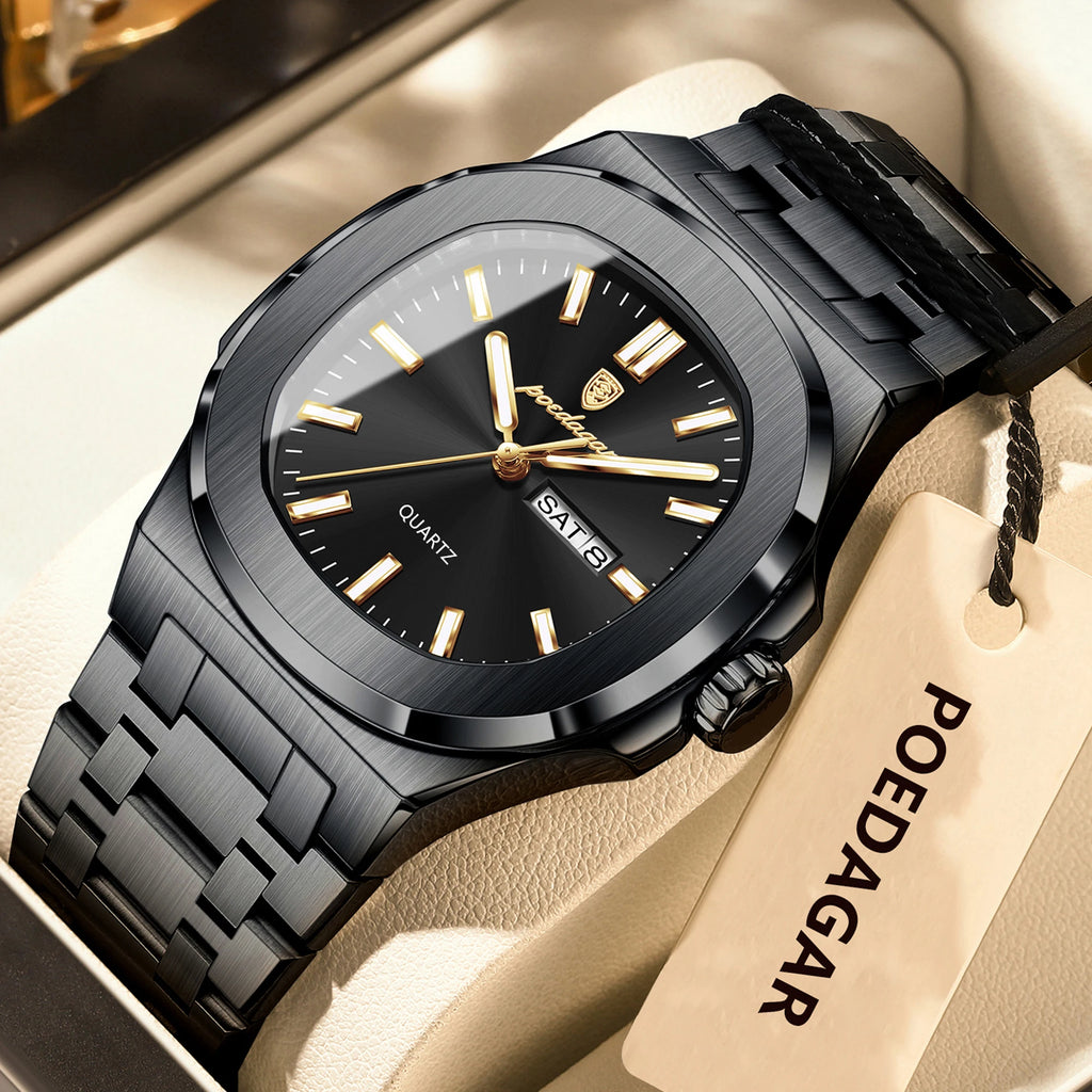 POEDAGAR Square Luxury Men's Wristwatch Luminous Waterproof Stainless Steel Male Clock Week Date Original Quartz Watches For Men