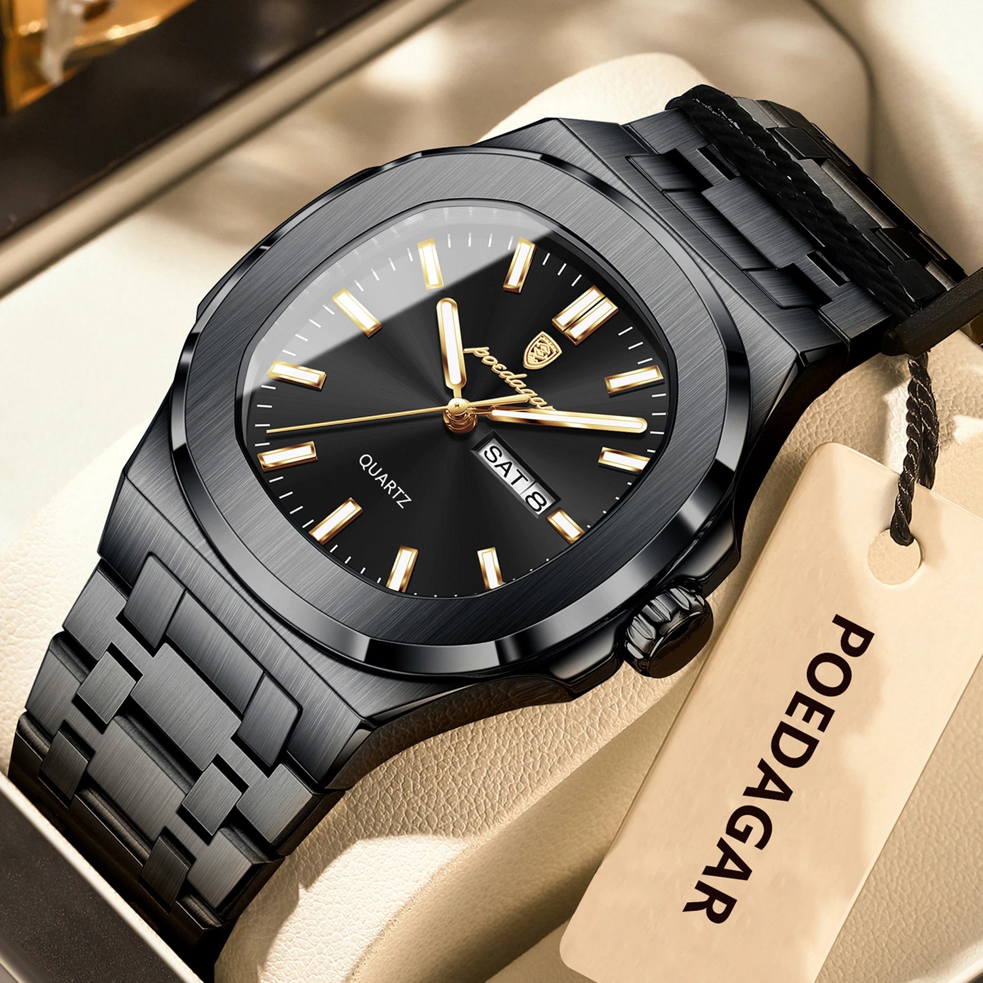 POEDAGAR Square Luxury Men's Wristwatch Luminous Waterproof Stainless Steel Male Clock Week Date Original Quartz Watches For Men