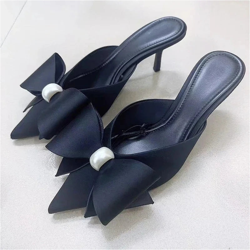 Butterfly-knot Satin Designer Mules Slippers Women Pointed Toe High Heels Banquet Party Shoes Fashion Brand Sandals Ladies Pumps
