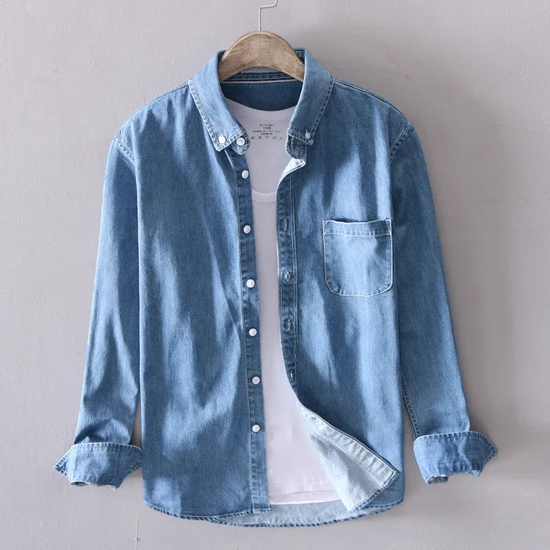 Autumn New 100% Cotton Men's Denim Shirt Casual Male Long-sleeved Shirts Street Japanese Fashion Slim Clothes Light Blue Black