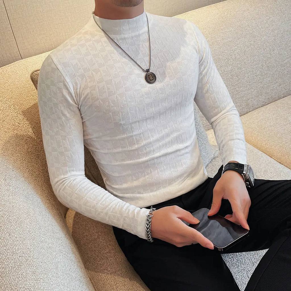 Jacquard Half-high Neck Long-sleeved T-shirt Men's Spring and Autumn New Trendy and Fashionable Slim Mid-neck Versatile Pullover