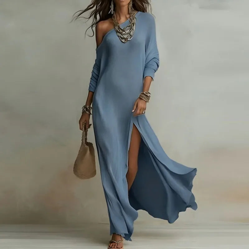 Spring One Shoulder Long Sleeve Holiday Dress Woman Sexy Skew Collar Split Bohemian Dress Elegant Solid Slim Casual Maxi Dresses