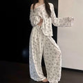 Korean Hello Kittys Printed Pajamas for Women Spring and Autumn Off-Shoulder Long Sleeves+ Trousers 2Pcs Girl Loose Home Clothes