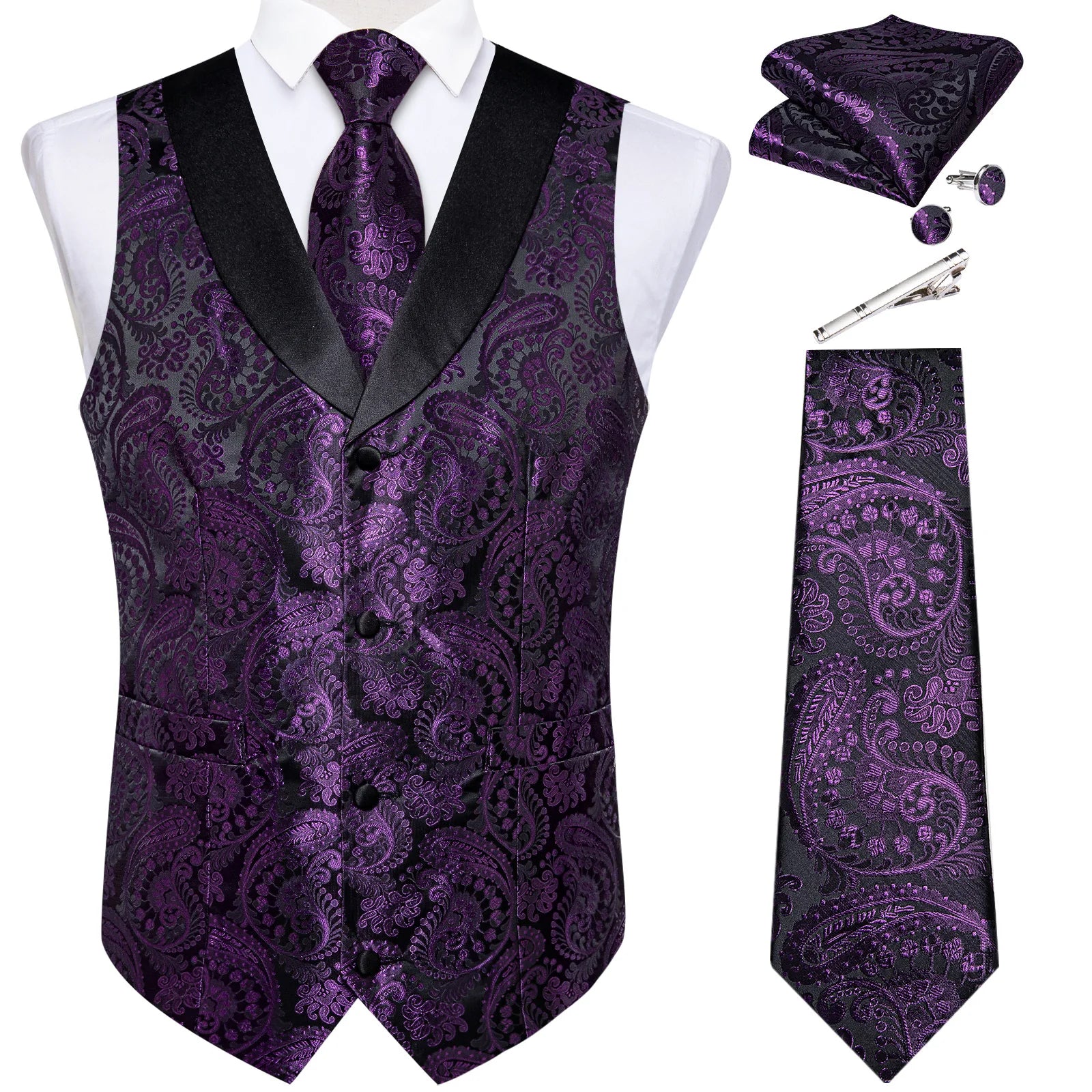 Suit Vest Set For Men Wedding Luxury Gray Paisley Dress Vests Necktie Clip Cufflinks Handkerchief Male Sleeveless Waistcoat Gift