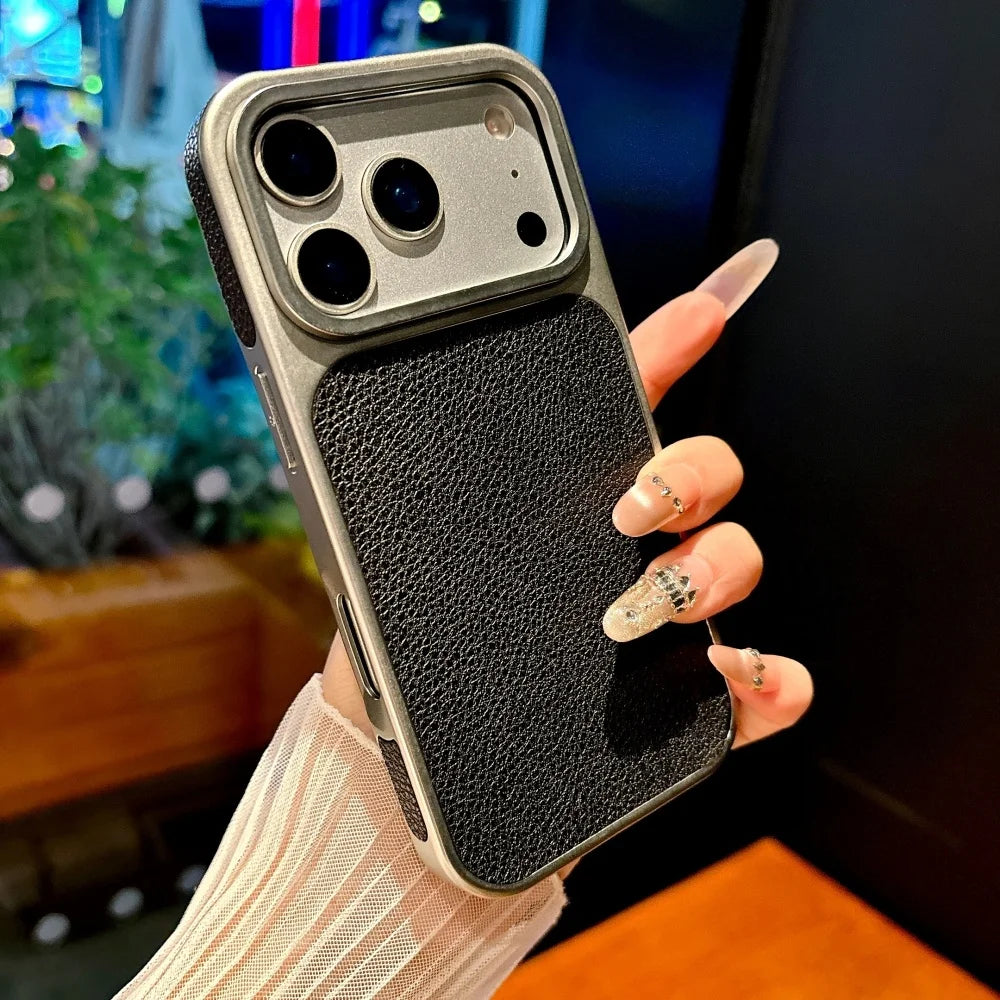Business Plating Frosted Faux Leather Phone Case For iPhone 17 Pro Max 16 15 14 Plus 13 Pro Max 17 Air Shockproof Phone Cover
