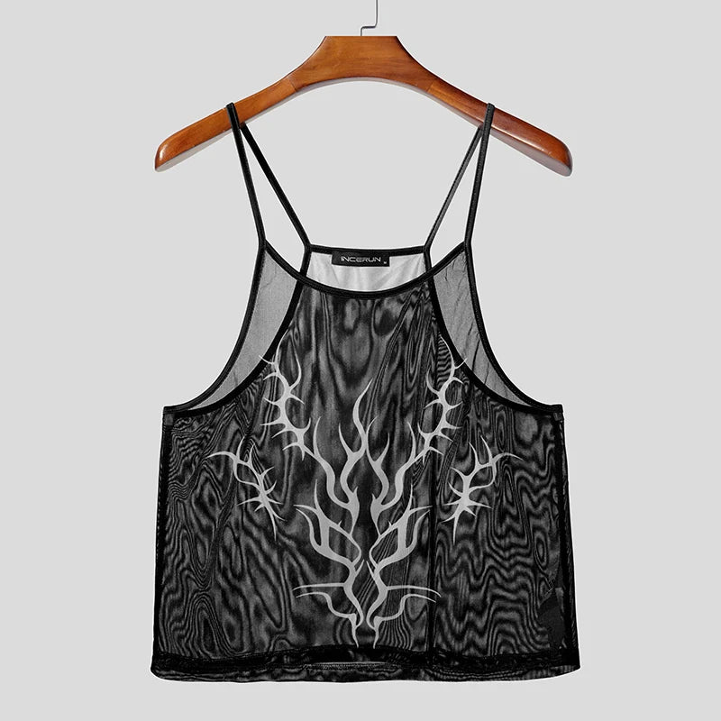 INCERUN Men Tank Tops Printing O-neck Sleeveless Summer Mesh Male Vests See Through Streetwear Sexy Fashion Crop Tops Men S-5XL