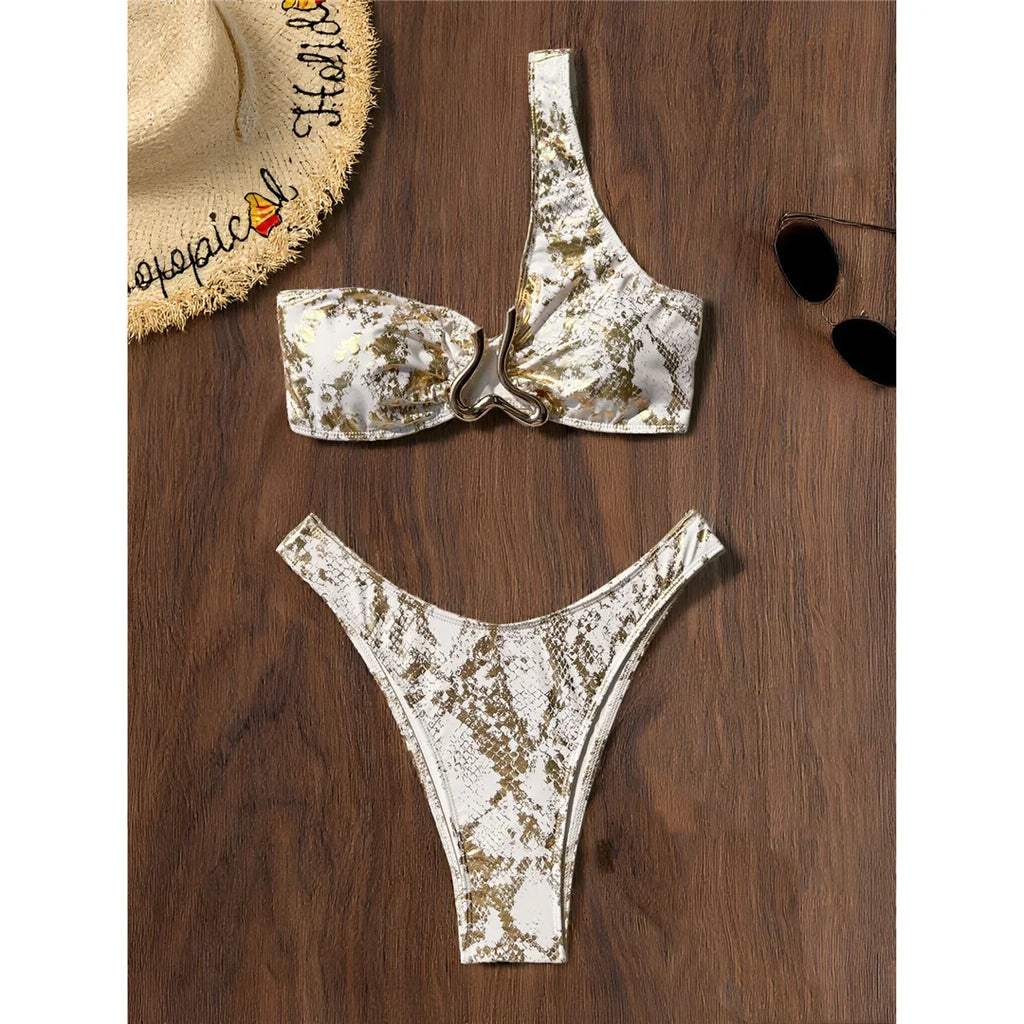 S - XL Printed One Shoulder Bikini Female Swimsuit Women Swimwear Two-piece Bikini set Brazilian Bather Bathing Suit Swim Beachw