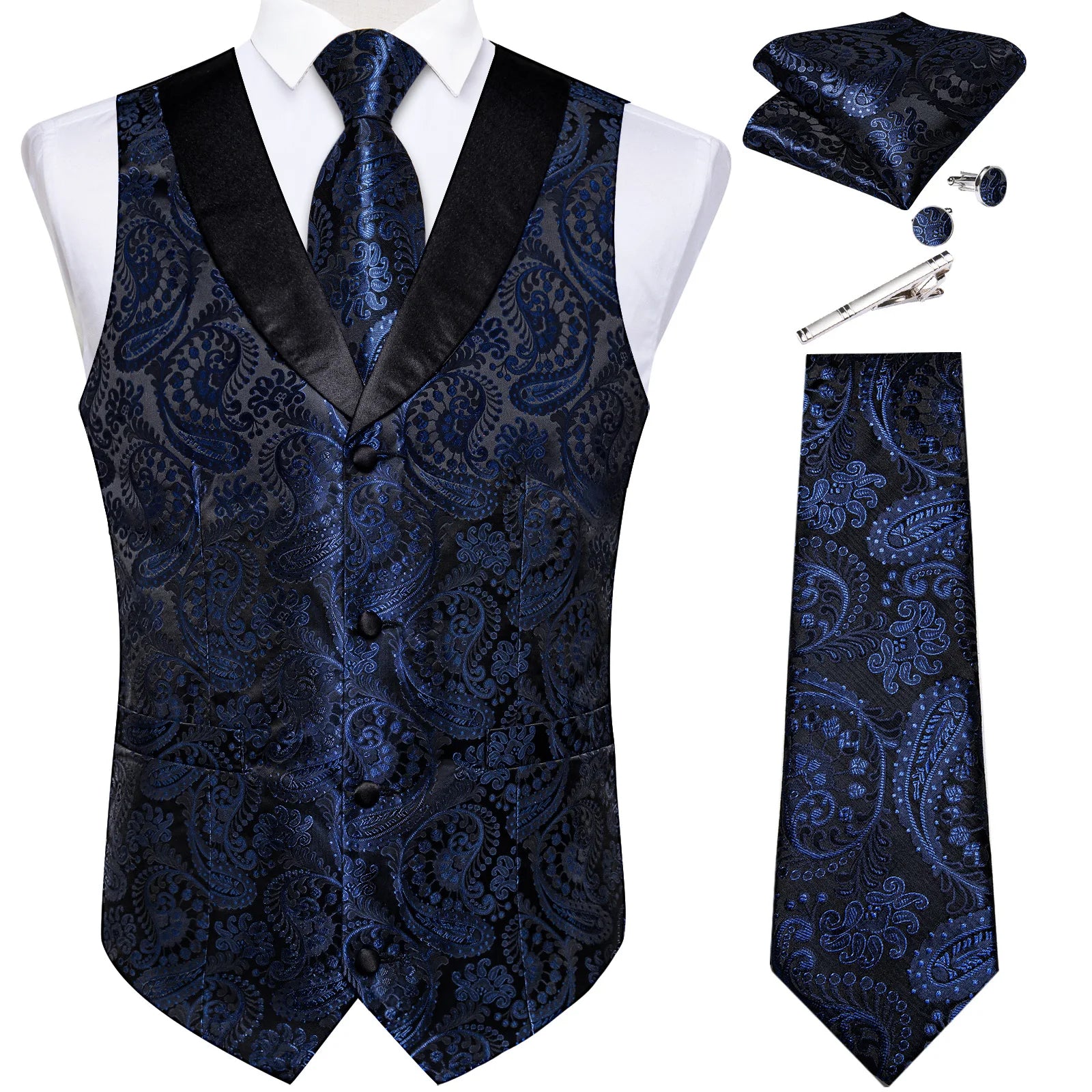 Suit Vest Set For Men Wedding Luxury Gray Paisley Dress Vests Necktie Clip Cufflinks Handkerchief Male Sleeveless Waistcoat Gift