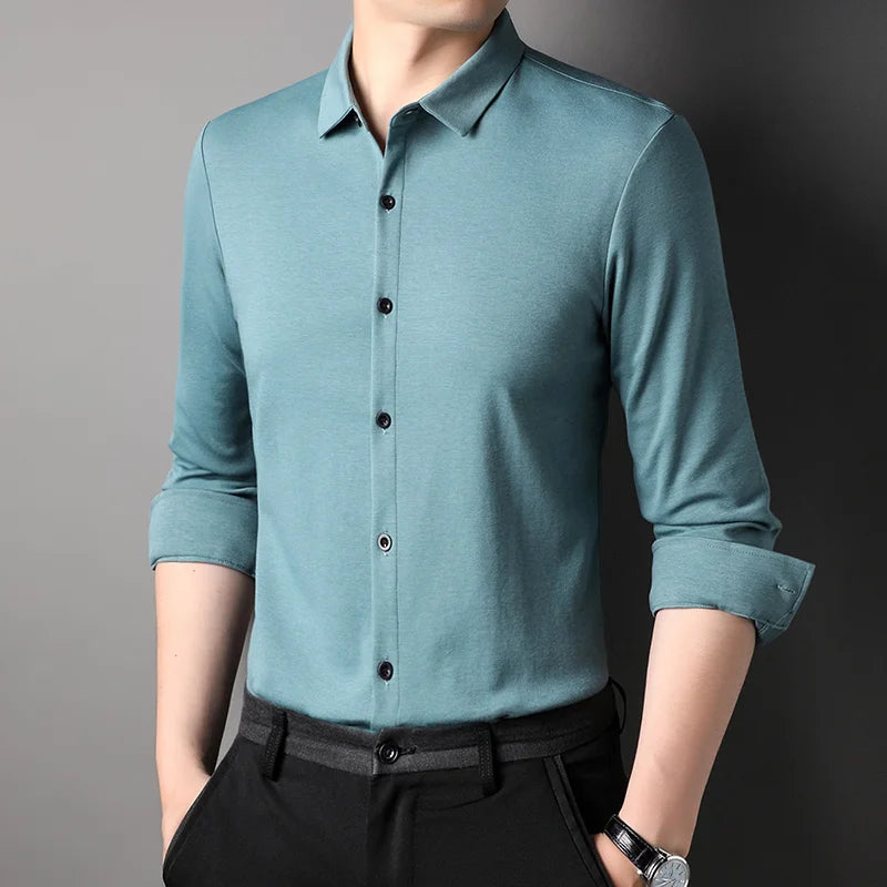 Top Grade Mulberry Silk 5.2% New Slim Fit Fashion Designer Brand Luxury Men Shirts 2025 Long Sleeve Plain Casual  Mens Clothes