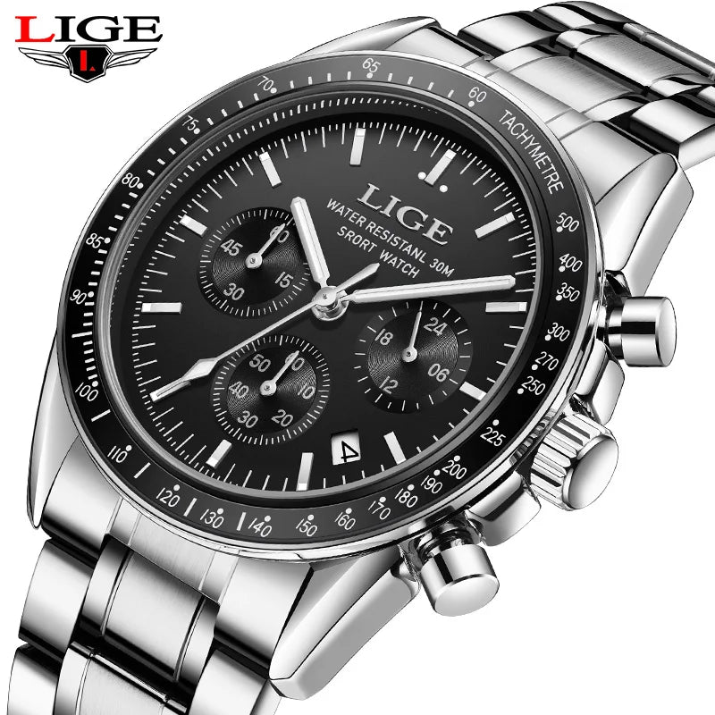 LIGE NEW fashion luxury Men's watches waterproof luminous clock stainless steel strap quartz   wristwatch for men montres hommes