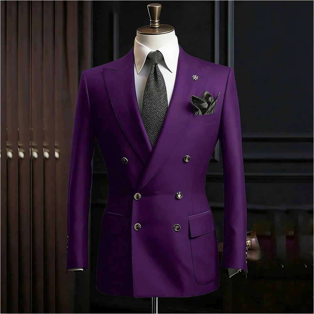 Formal Men's Suits Slim Fit Double Breasted Peaked Lapel Wedding Groom Prom Custom Male Clothing 2 Piece Jacket Pants Sets