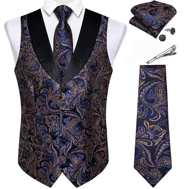 Suit Vest Set For Men Wedding Luxury Gray Paisley Dress Vests Necktie Clip Cufflinks Handkerchief Male Sleeveless Waistcoat Gift