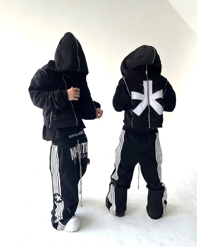 Y2K trendy Gothic English letter embroidered printed striped men sportswear pants retro Harajuku high Street punk casual pants