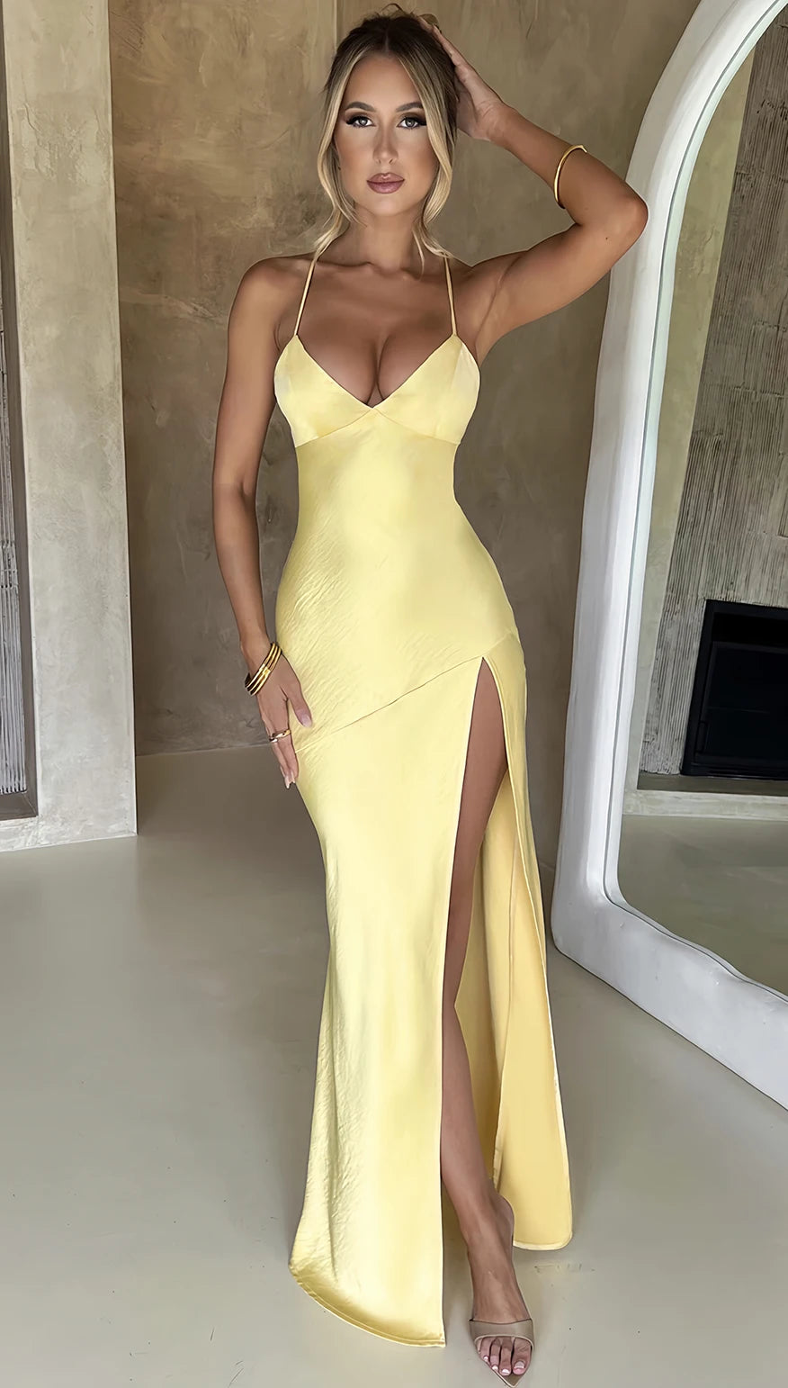 Summer New Fashion Dress Women's Sexy V-Neck Suspender Slit Mid-Length Evening Dress Elegant Party Club Satin Slim Fit