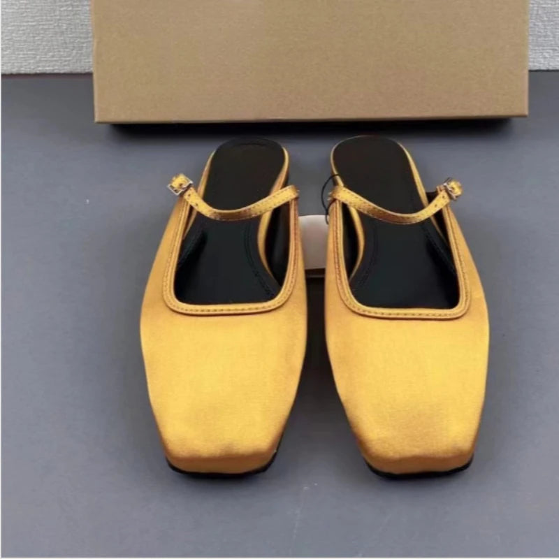 New Women Flats 2025 Square Toe Buckle Strap Breathable Mules Satin Leisure Slingbacks Chic Fashion Designer Shoes for Ladies